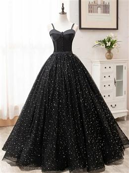 Picture of Black Color Sweetheart Straps Tulle Long Evening Gown, Sleeveless Floor-Length Formal Dress